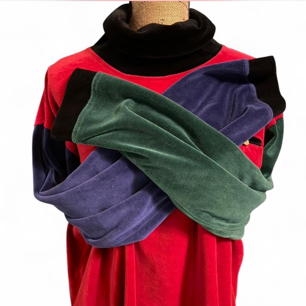 1980s vintage Talbots Black blue green Red velour Cotton long sleeve Top xl - Picture 5 of 6